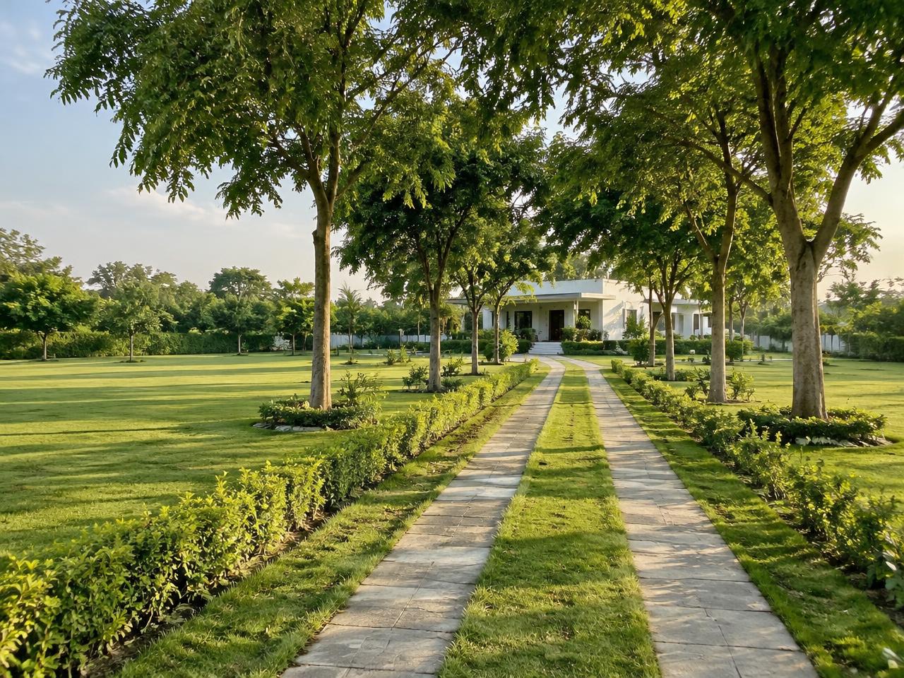 Artist's impression of a green lawn and tree-lined path to a weekend home